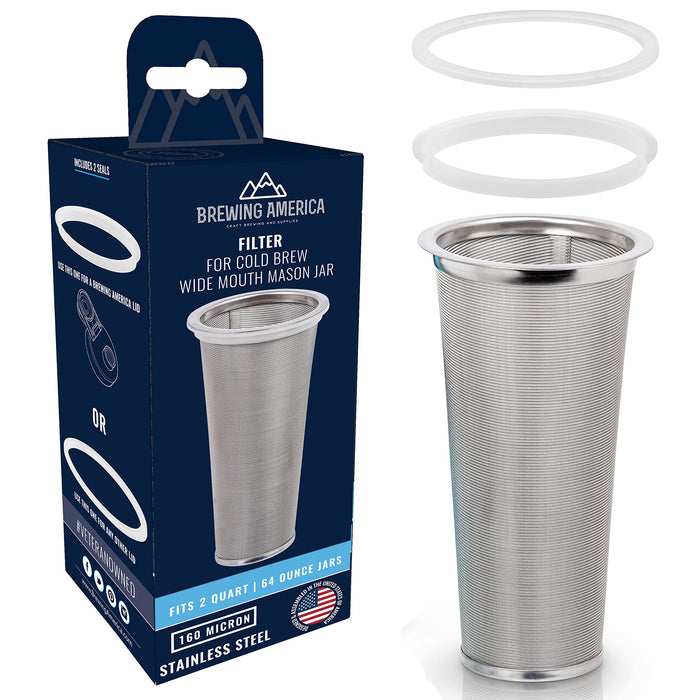 Cold Brew Filter for Mason Jar Wide Mouth Coffee Maker, UPGRADED Stainless Steel Mesh with Silicone Seals 2 Quart 64 Ounces