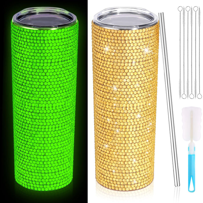 Tioncy 20 oz Bling Cup Glitter Water Bottles with Lid Straw Stainless Steel Bling Tumbler Luminous Rhinestone Tumbler Diamond