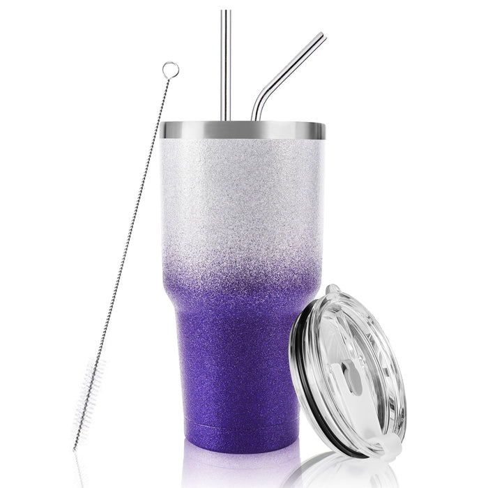 30 oz Tumbler Purple Glitter Gradient Cup Stainless Steel Double Wall Vacuum Insulated Mug with Straw and Lid, Cleaning Brush