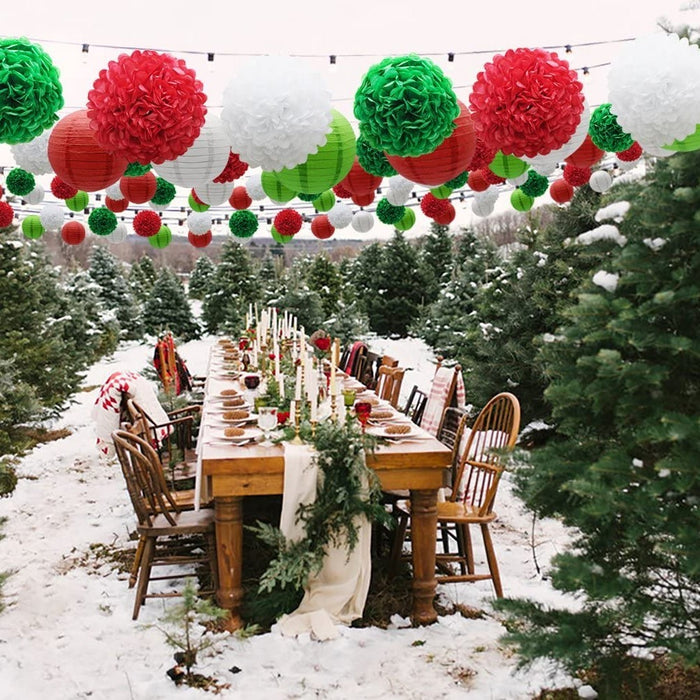 Hanging Party Decorations Set, 15Pcs Red Green White Paper Flowers