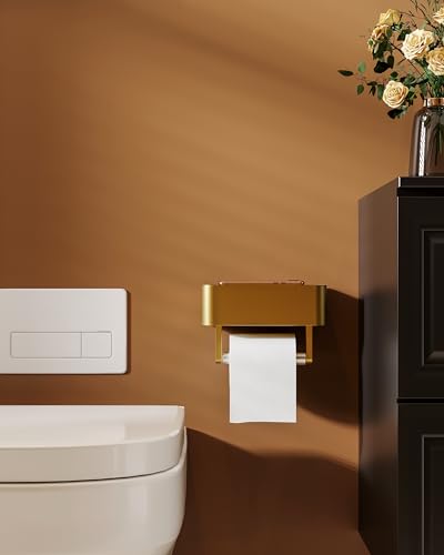 Wzkaly Gold Toilet Paper Holder With Shelf, Wipes Holder For Bathroom, Flushable Wipes Dispenser, Toilet Paper Roll Holder