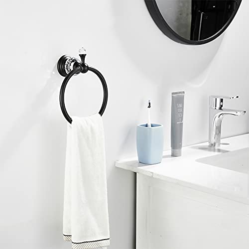 Wolibeer Crystal Towel Ring,Matte Black Toilet Paper Holder Stand Hand Towel Holder Towel Hook Tissue Roll Paper Holder Towel Hang