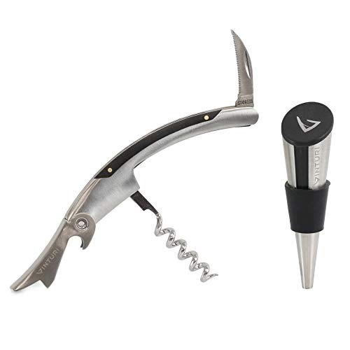 Vinturi Stainless Steel Waiters Corkscrew with Foil Cutter and Bottle Stopper Bar Set, Silver