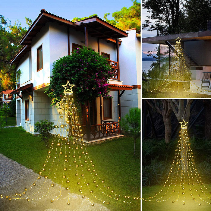 Uniqus 1Pc, Holiday Party Decor, Christmas Supplies, Outdoor Light, 300 Led Waterfall Tree Light With Top Star, 8 Lighting Patter