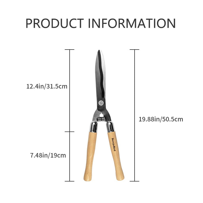 Berry&Bird Garden Hedge Shears,19.88''Heavy Duty Pruning Shear for Trimming Borders and Bushes, Manual Hedge Clippers with Wooden Handles & Carbon Steel Sharp Blades Gardening Scissors