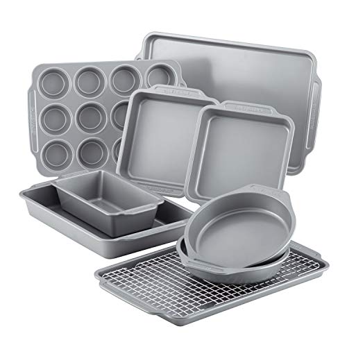Farberware Nonstick Steel Bakeware Set, 10Piece Set, Gray Bakeware Nonstick Steel Roaster With Flat Rack, 11Inch X 15Inch, Gray