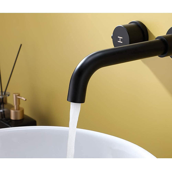 VALISY Modern Solid Brass Matte Black Widespread Wall Mount Bathroom Faucet, 2 Handle 3 Hole Lavatory Faucet Wall Mounted Vessel Sink Faucet with Swivel Spout