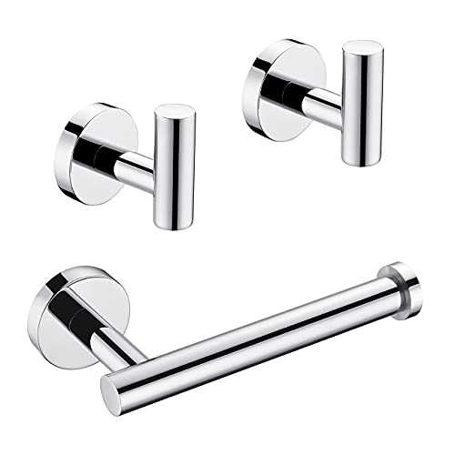 Hoooh 3Pieces Set Bathroom Hardware Set Polished Stainless Steel Round Wall Mounted Includes Toilet Paper Holder, 2X Robe Hooks