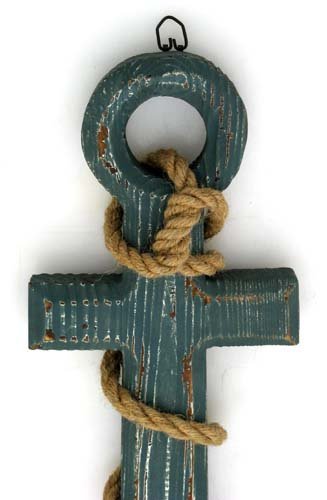 Benzara 91620 Wood Anchor with Rope Nautical Decor, 18 H/12 W, Aqua Blue
