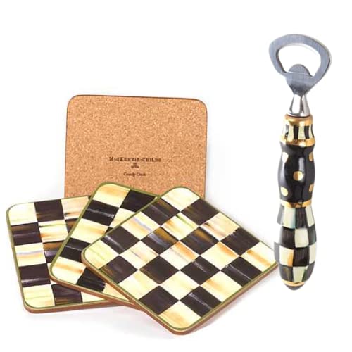 Mackenzie Childs Courtly Check Kitchen Towel Oven Mitt and Pot Holder Bottle Opener Coaster Cozie (Bottle Opener Coaster Set)