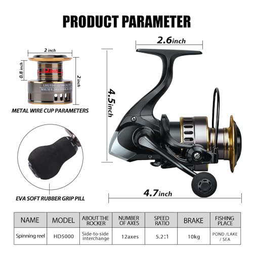 Uniqus Spinning Fishing Reel, Spinning Reel Aluminum Spool, He5000 Series Handle Rightleft Interchangeable, 10 Ball Bearings