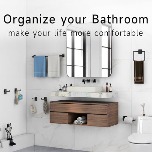 Xee 7Pcs Bathroom Hardware Set, Matte Black Towel Bar Set, Includes 24 Inch Towel Holder, Toilet Paper Holder, Square Towel