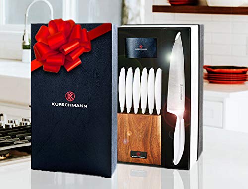  Kurschmann 15-Piece Knife Set CLEARANCE in Upright Acacia Block,  White Handles with Stainless Steel Chef's Knife, 6 Steak Knives + Santoku,  Bread, Carving, Paring, & Utility Knife + Scissors & Rod