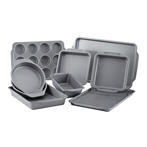 Farberware Nonstick Steel Bakeware Set, 10Piece Set, Gray Bakeware Nonstick Steel Roaster With Flat Rack, 11Inch X 15Inch, Gray