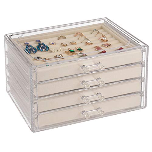 Frebeauty Acrylic Jewelry Box 4 Drawers,Clear Jewelry Organizer Velvet  Rings Necklaces Earring Display Case Stand Holder Tray for Women Girls