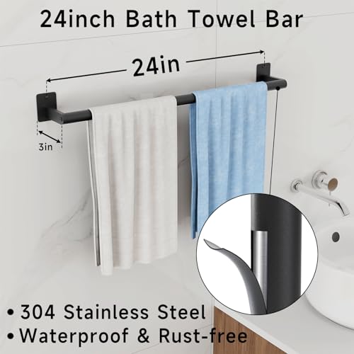 Xee 7Pcs Bathroom Hardware Set, 24In Matte Black Towel Bar Set, 304 Stainless Steel Bathroom Towel Holder Set