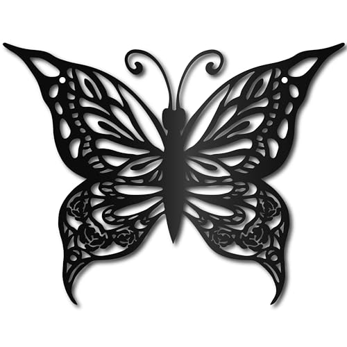 CREATCABIN Butterfly Metal Wall Art Decor Flowers Black Wall Signs Iron Hanging Metal Ornament Wall Sculpture  for Home