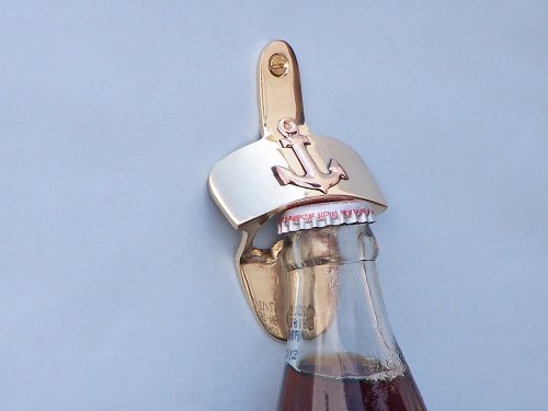 Hampton Nautical Solid Brass Wall Mounted Anchor Bottle Opener, 3", Brass