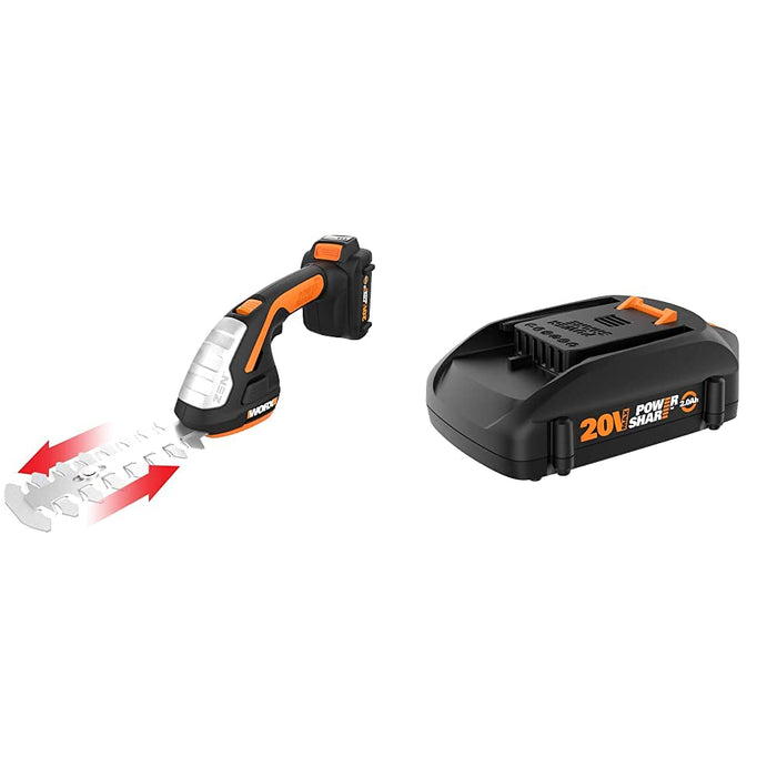 WORX WG801 20V Shear Shrubber Trimmer, Battery and Charger Included,Black and Orange & WA3575 20V PowerShare 2.0 Ah Replacement Battery, Orange and Black