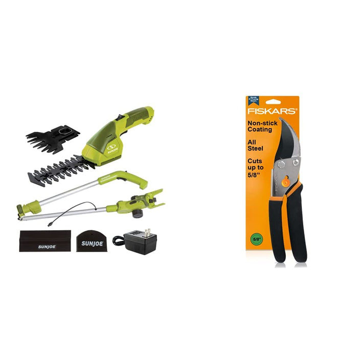 Sun Joe HJ605CC Cordless 2-in-1 Grass Shear + Hedge Trimmer w/Extension Pole, Green & Fiskars Gardening Tools: Bypass Pruning Shears, 5/8- Plant Clippers (91095935J)