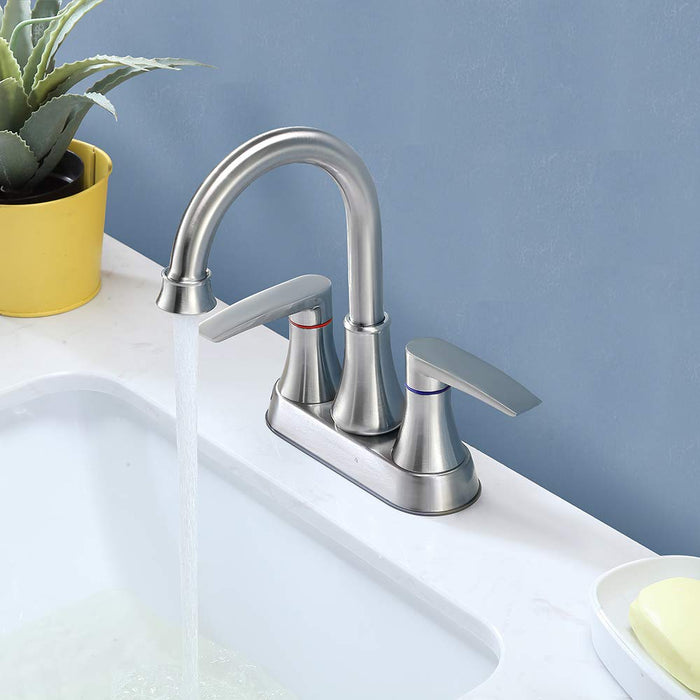 VALISY Lead-Free Modern Commercial 2-Handle Brushed Nickel Bathroom Sink Faucet, 4 Inch Centerset Bath Lavatory Vanity Faucets Set for Bathroom Sinks with Pop-up Drain & Water Hoses