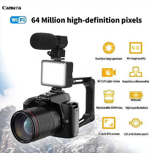 4K Vlogging Camera For Youtube, 64Mp Hd Night Vision Digital Camera For Photography With Wifi, 3In Screen 16X Digital Zoom Camcor