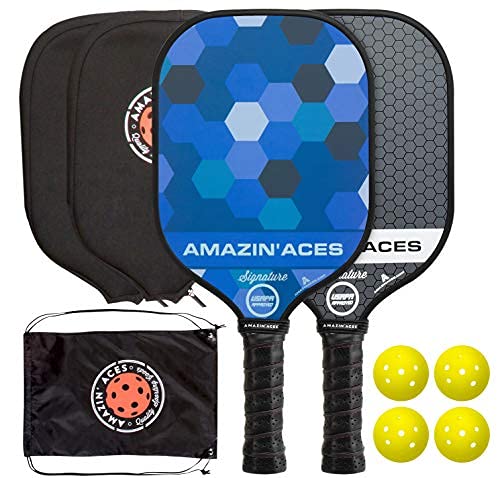 Amazin' Aces Signature Pickleball Paddle Set | USAPA Approved | Graphite Face & Polymer Core | Premium Grip | Includes Paddles, Balls, Paddle Covers, Bag & eBook | 2 Paddle Set (Blue & Gray)