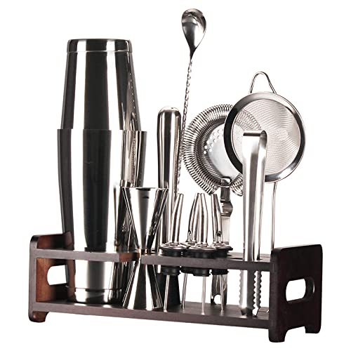 Finneshoky Silver Bartenders Kit, 12 Piece Cocktail Shaker Set Stainless Steel Bar Tools with Bamboo Stand, 18/28 oz Shaker Tins