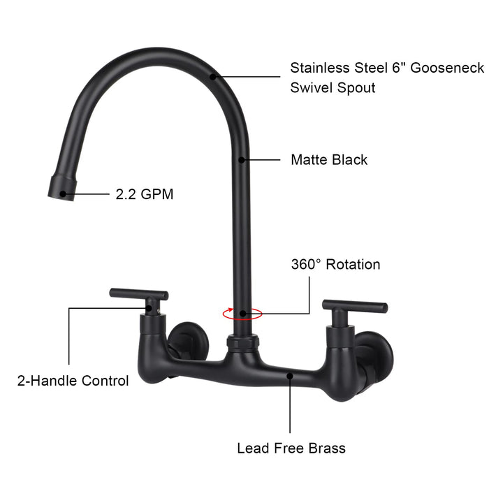 KWODE Black Wall Mount Faucet with 6" Gooseneck Spout,7-9 Inch Adjustable Center Backsplash Mount Commercial Kitchen Sink Faucet with 2-Handles Control Brass Constructed Chrome