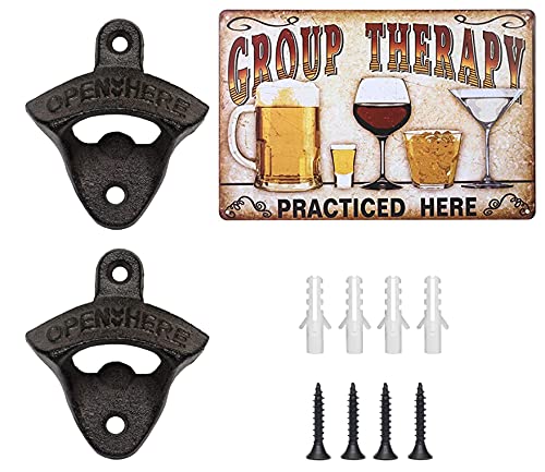 2 Pcs Bottle Opener Wall Mounted, Antique Wall Bottle Opener with Metal Wall Sign, Cast Iron Bottle Opener Set with Screws