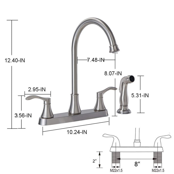 VALISY Commercial Lead-Free Brushed Nickel Two Handle Kitchen Sink Faucet with Side Sprayer, 3 Hole or 4 Hole Faucets for Rv Kitchen Sinks with High-Arc Spout & Side Sprayer