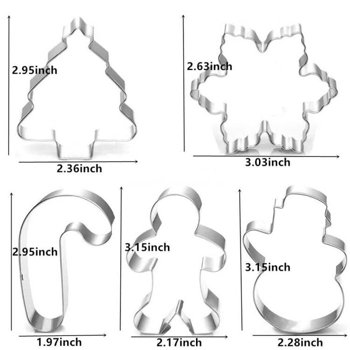 Christmas Cookie Cutter Set - 5 Piece Holiday Cookie Molds - 3.5"3"- Christmas Tree, Snowflake, Gingerbread Men, Snowman
