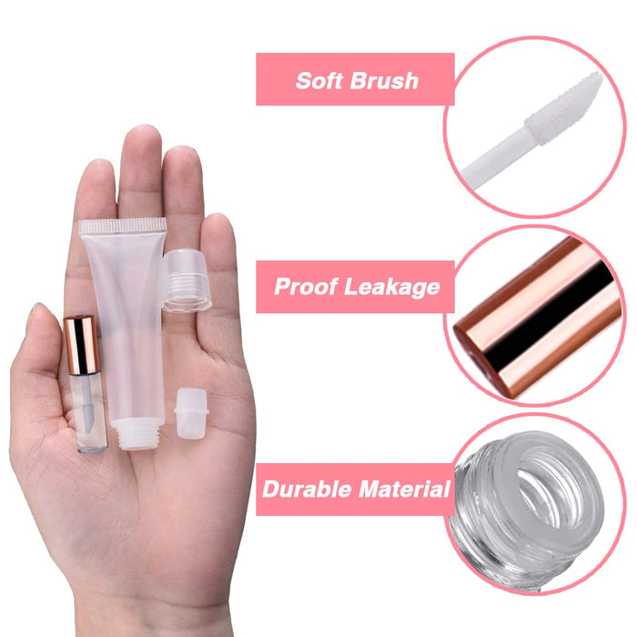 Amorix 50PCS Mini Lip Gloss Tubes with Wand 1.2ml Empty Lip Gloss Containers Clear Refillable Travel Lip Balm Bottles for Samples with 5ml Syringes DIY Lip Gloss Base + Tag Labels Stickers (Rose Gold)