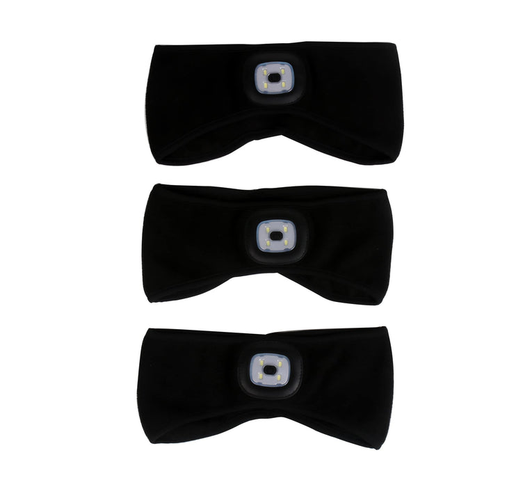 Sea view treasures 3-Pack Bulk LED Headband Ear Warmer / Camping Light / Flashlight - incl Batteries - Perfect for Skiing, Running, Hiking, Camping, or Around The House