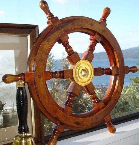 Bhartiya Handicrafts Nautical Wooden Ship Wheel Pirate Rustic Captain Boat Decorative Ship Steering Hanging Wheel for Home