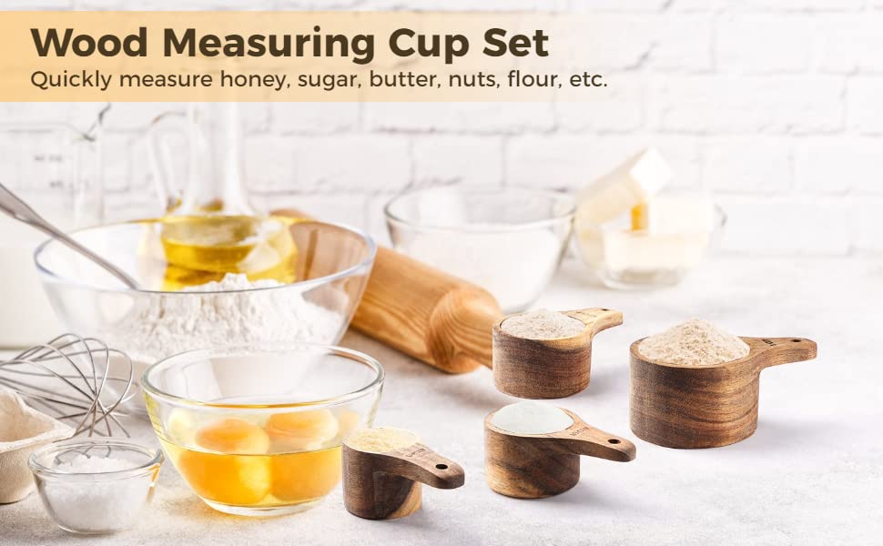 Wood Measuring Cup Set of 4, Nestable Natural Wooden Measuring Cups, 1, 1/2, 1/3, 1/4 Cup Sizes, Kitchen Utensils for Measuring Flour, Sugar, Spices, Nuts, Baking Cooking Tools