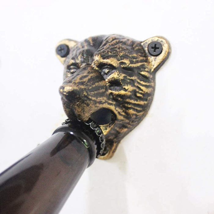Luwanburg Bear Head Cast Iron Beer Bottle Opener Wall Mounted with Cap Catcher for Man Cave Decor (Aged Gold )