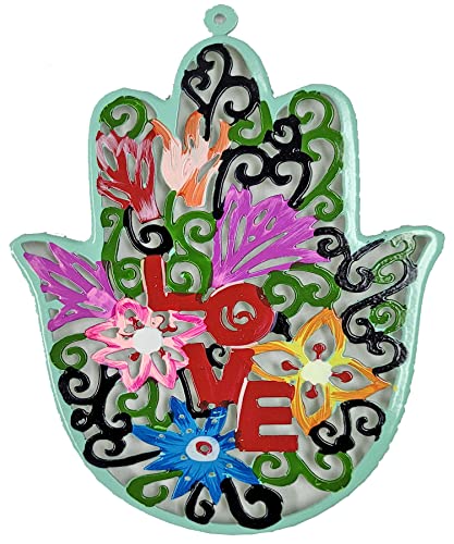 Zion Judaica Hamsa Hand Wall Decor LOVE letters in red with Floral pattern Hand Decorated by Lior Glka Valentine's Day Love