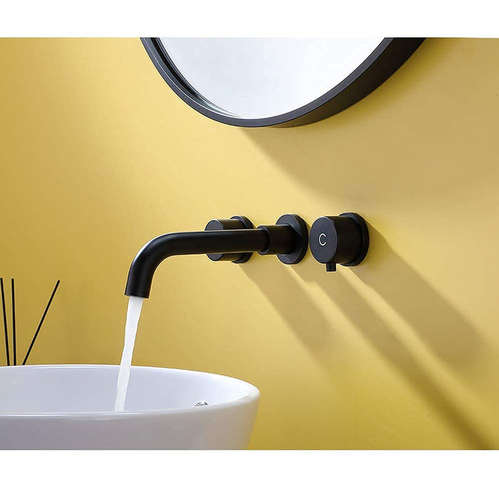 VALISY Modern Solid Brass Matte Black Widespread Wall Mount Bathroom Faucet, 2 Handle 3 Hole Lavatory Faucet Wall Mounted Vessel Sink Faucet with Swivel Spout