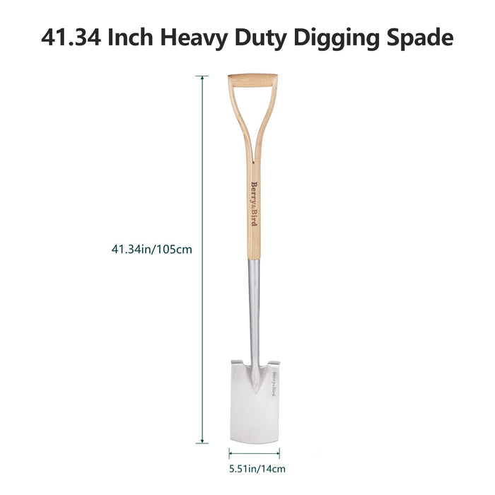 Berry&Bird Garden Digging Spade, 41" Stainless Steel Square Border Spade, Heavy Duty European Shovel with D-Grip Handle, Traditional English Style Flat Shovel for Digging, Transplanting, Yard Work