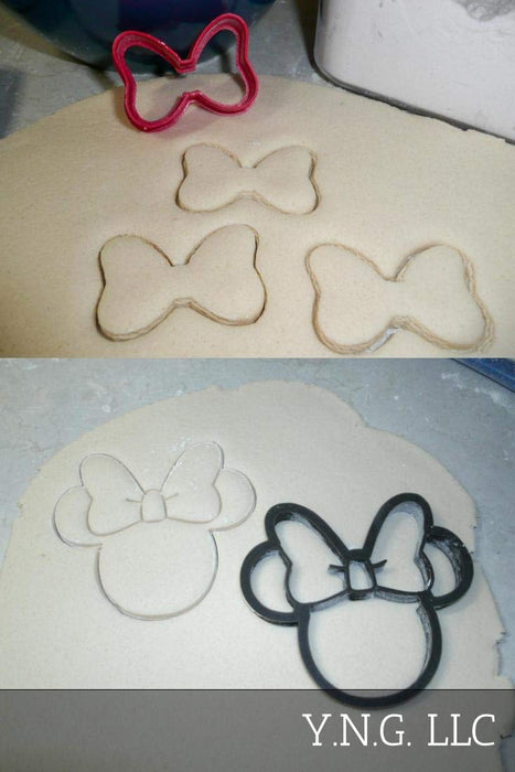 Minnie mouse and her bow cartoon character set of 2 special occasion cookie cutters 3d printed made in usa pr1539