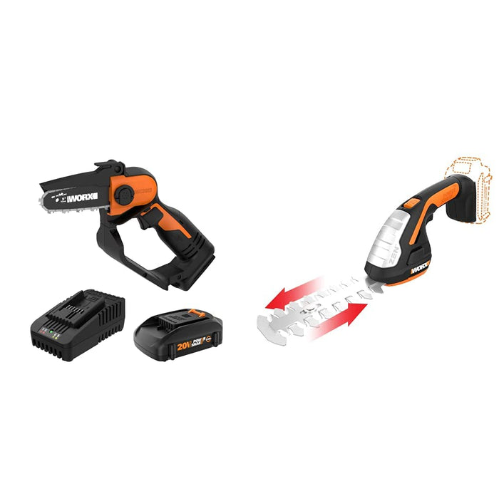 WORX WG324 20V Power Share 5” Cordless Pruning Saw (Battery & Charger Included) and WG801.9 20V Power Share 4" Cordless Shear and 8" Shrubber Trimmer (Tool Only)