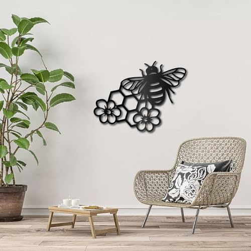 CREATCABIN Bees Metal Wall Art Decor Black Honey Wall Hanging Ornament Iron Wire Wall Art Flower Sculpture Decoration Sign
