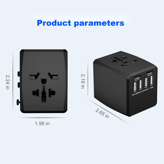 Universal Travel Power Adapter, International Travel Plug Adapter, 4 USB and 2 Type-C with Power Plug, Perfect for Purope, US, EU, UK, AU 180 Countries