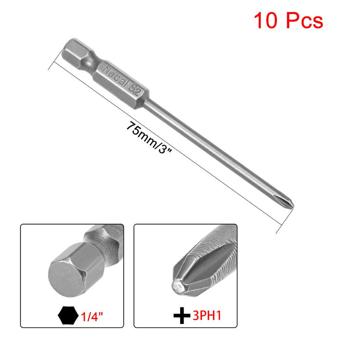 uxcell 10 Pcs 3mm PH1 Magnetic Phillips Screwdriver Bits, 1/4 Inch Hex Shank 3-inch Length S2 Power Tool