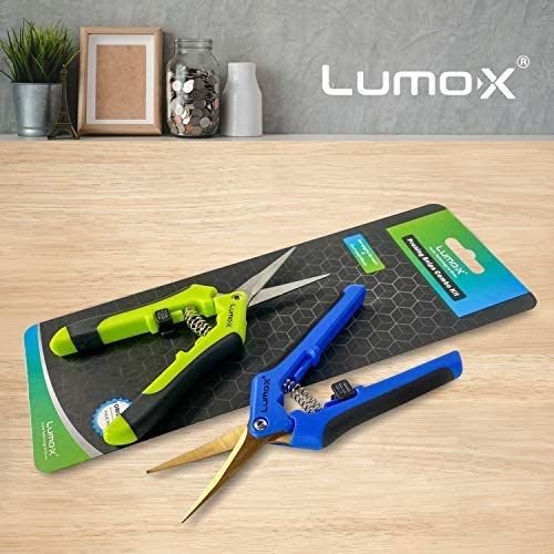 Lumo-X Trimming Scissors Pruning Snips with Titanium Coated CURVED Blades & STRAIGHT Blades for Precision Buds Trimming, Indoor/Outdoor Garden Trimming, Bonsai, Hydroponics (Green & Blue - Set)