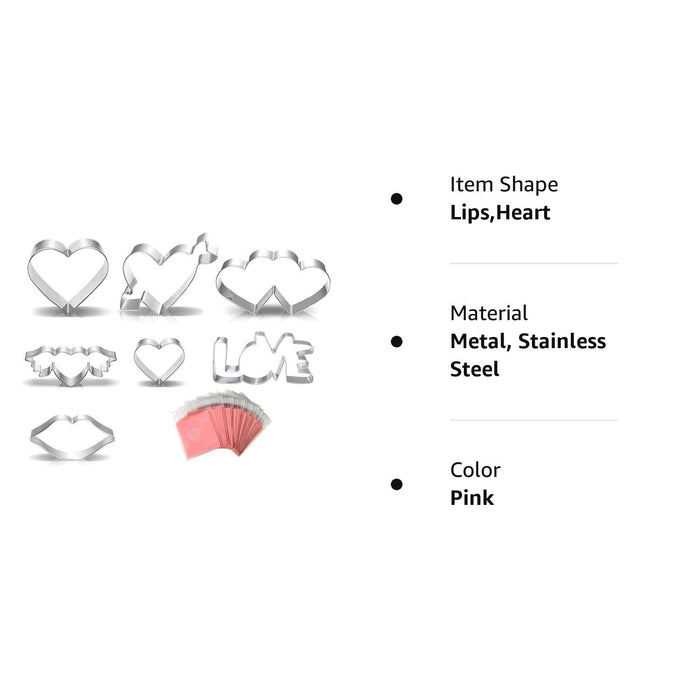 BCHOCKS Heart Cookie Cutter Set 7 Pcs with 100 Pcs 4 Clear Pink Heart Biscuit Bags - Valentine Day Cookie Cutters