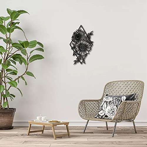 CREATCABIN Sunflower Wall Decor Black Metal Wall Art Flower Floral Rtic Sign Hanging Sculpture for Home Indoor Outdoor Farmhoe