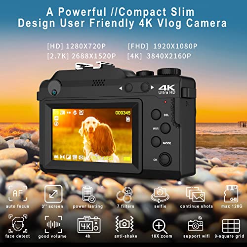 Digital Camera For Photography, 4K Vlog Camera, Dual Cam Front And Rear, Autofocus Antishake, 7 Color Filters, Face Detect, 3