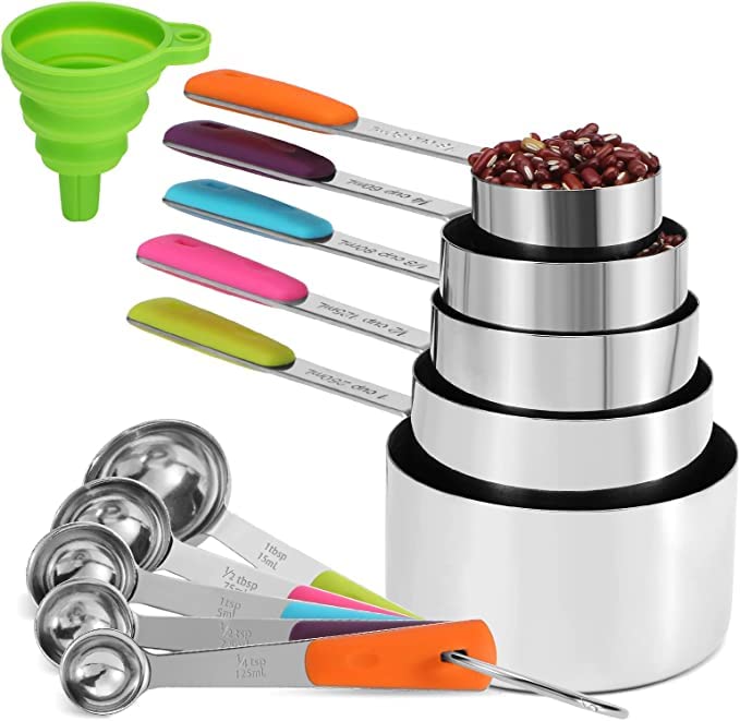 Measuring Cups and Spoons Set of 8 Pieces, Plastic Measure Cups with Stainless Steel Handle, Dishwasher Safe and Stackable Kitchen Tools for Dry and